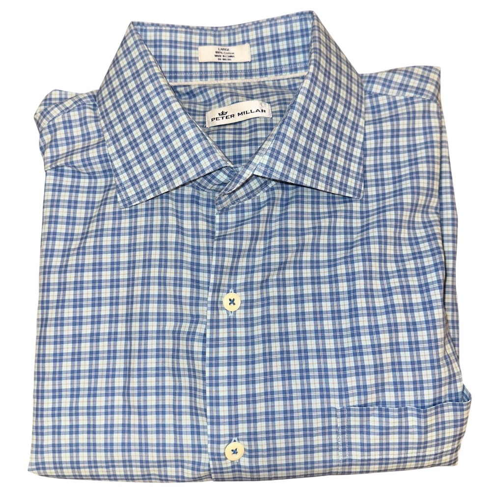Peter Millar Men's L Blue White Plaid 100% Cotton Button Down Shirt‎